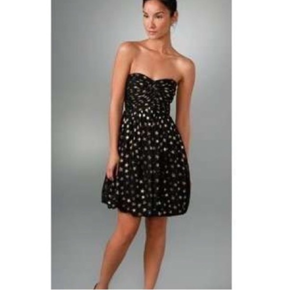 Shoshanna Silk Black Gold Metallic Star Print Bubble Strapless Dress Sz 0 Prom - Picture 1 of 13